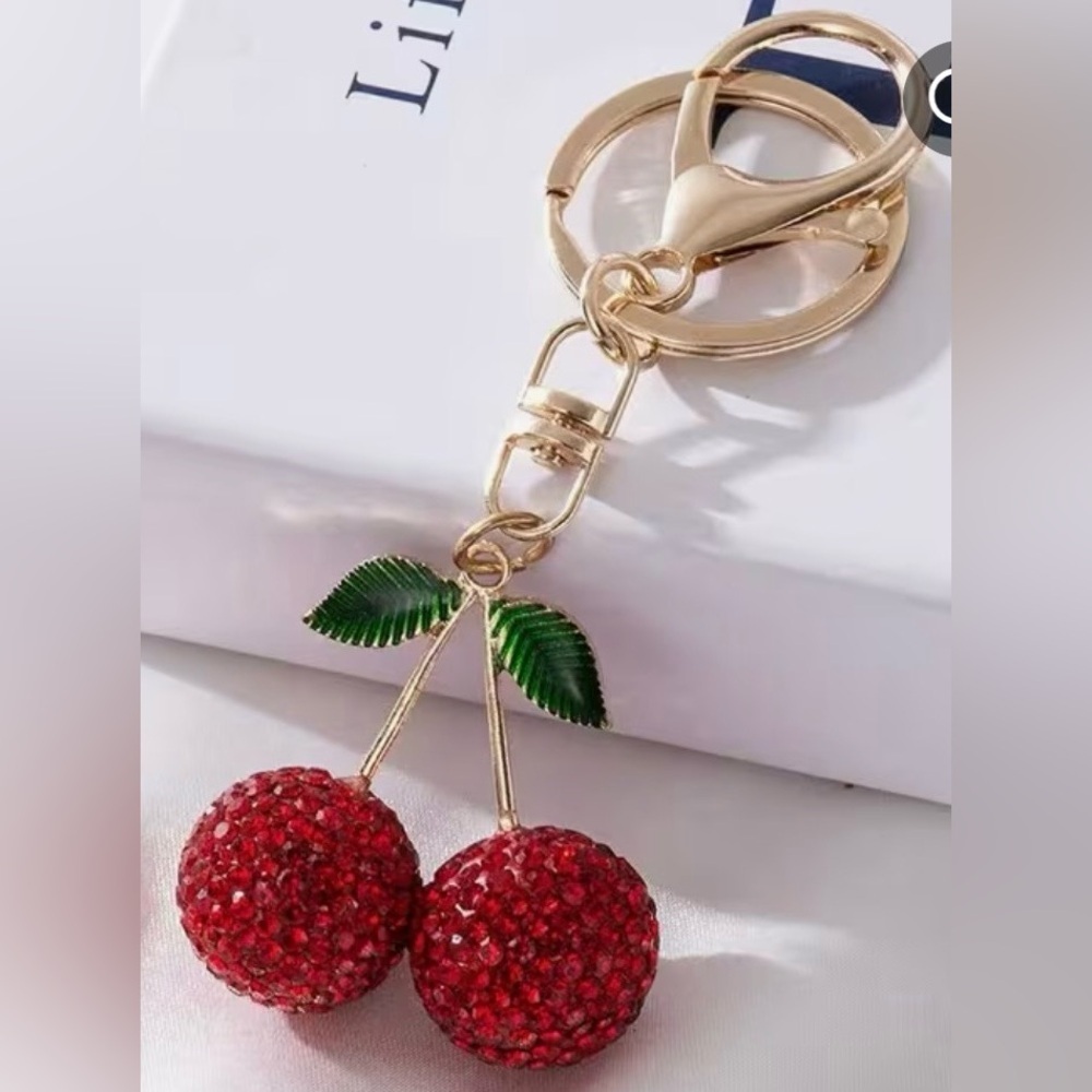 Red Cherry Keychain with Red Crystals and Green Leaves